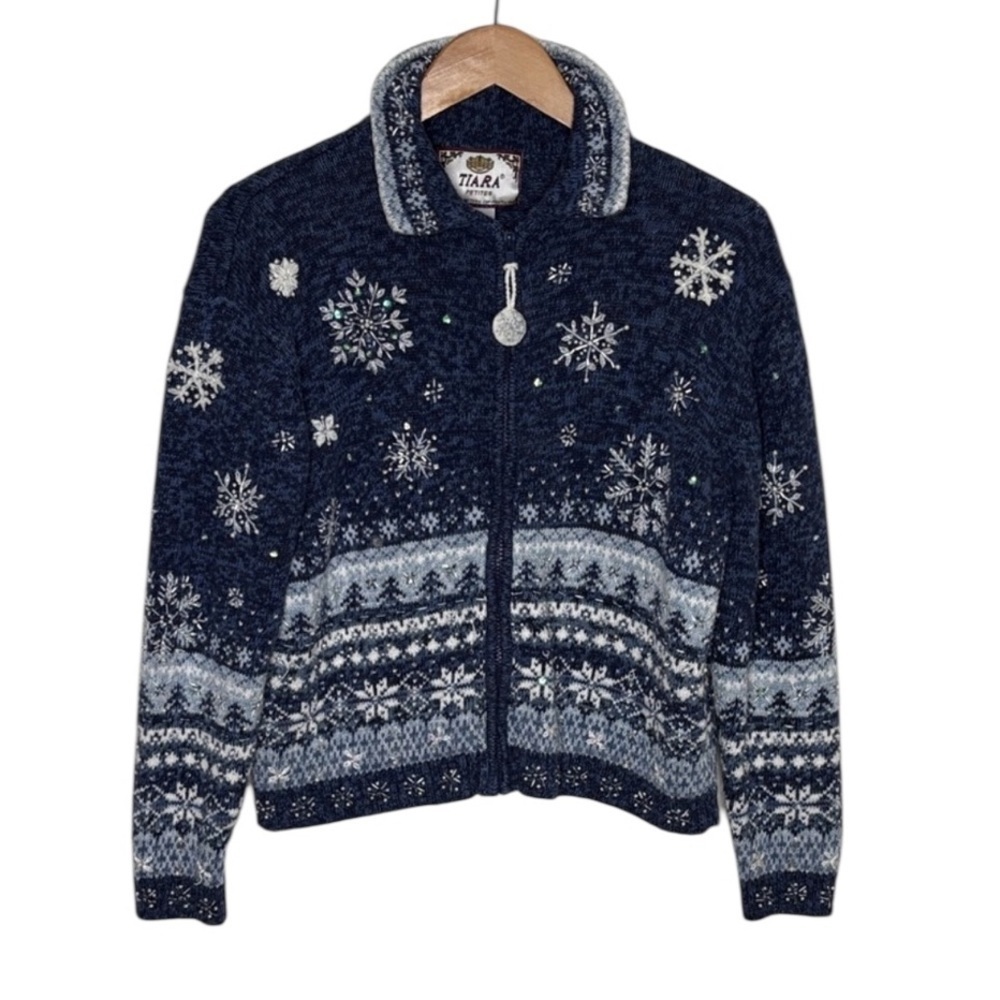 Tiara Blue Knit Beaded Snowflake Ramie Sweater Women Size Petite L BLEMISH
